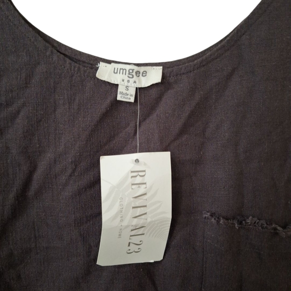 Umgee Brown Linen Blend Womens Cuffed Short Sleeve Top Sz Sm Raw Hem Pocket NEW - Picture 4 of 9